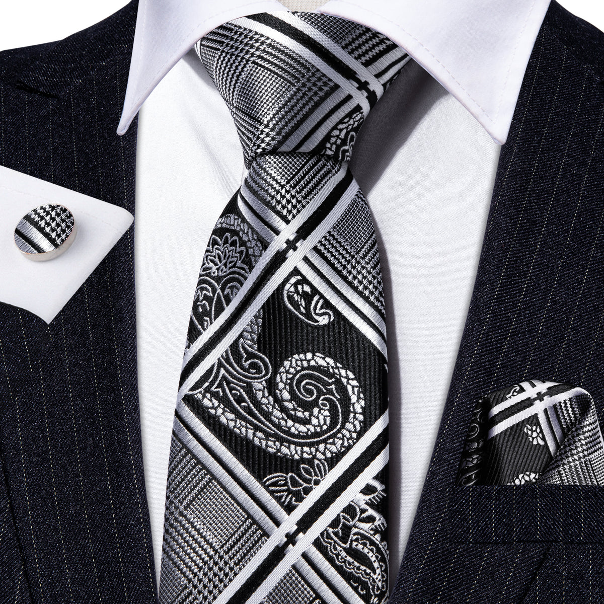 Black and Gray Plaid Tie, Pocket Square and Cufflinks Set tie sets - Sophisticated Gentlemen