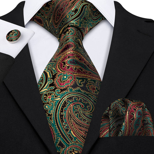 Olive Green & Bronze Paisley Silk Tie, Pocket Square & Cufflinks Set tie sets - Sophisticated Gentlemen