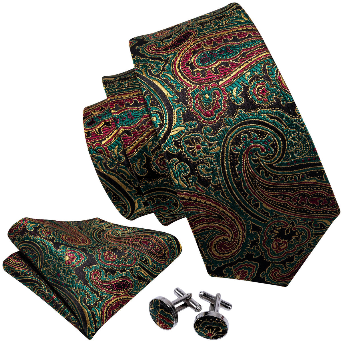 Olive Green & Bronze Paisley Silk Tie, Pocket Square & Cufflinks Set tie sets - Sophisticated Gentlemen