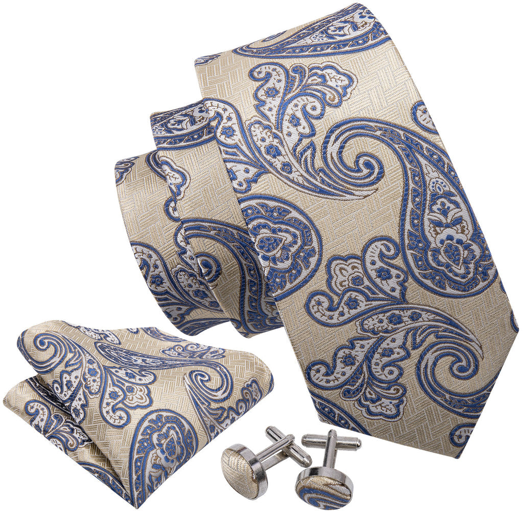 Yellow Blue Paisley Silk Tie, Pocket Square and Cufflinks Set tie sets - Sophisticated Gentlemen