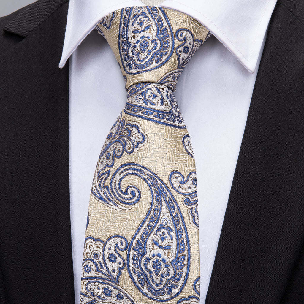 Yellow Blue Paisley Silk Tie, Pocket Square and Cufflinks Set tie sets - Sophisticated Gentlemen