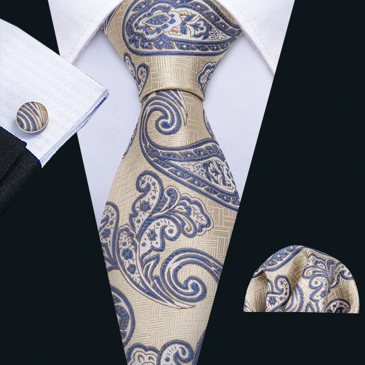 Yellow Blue Paisley Silk Tie, Pocket Square and Cufflinks Set tie sets - Sophisticated Gentlemen