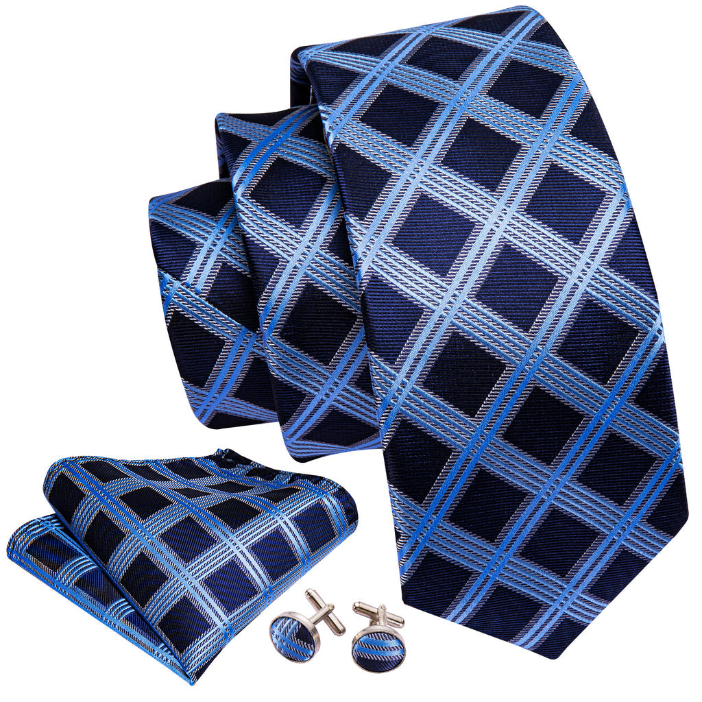 Dark Blue Sky Blue Checkered Tie, Pocket Square and Cufflinks Set tie sets - Sophisticated Gentlemen