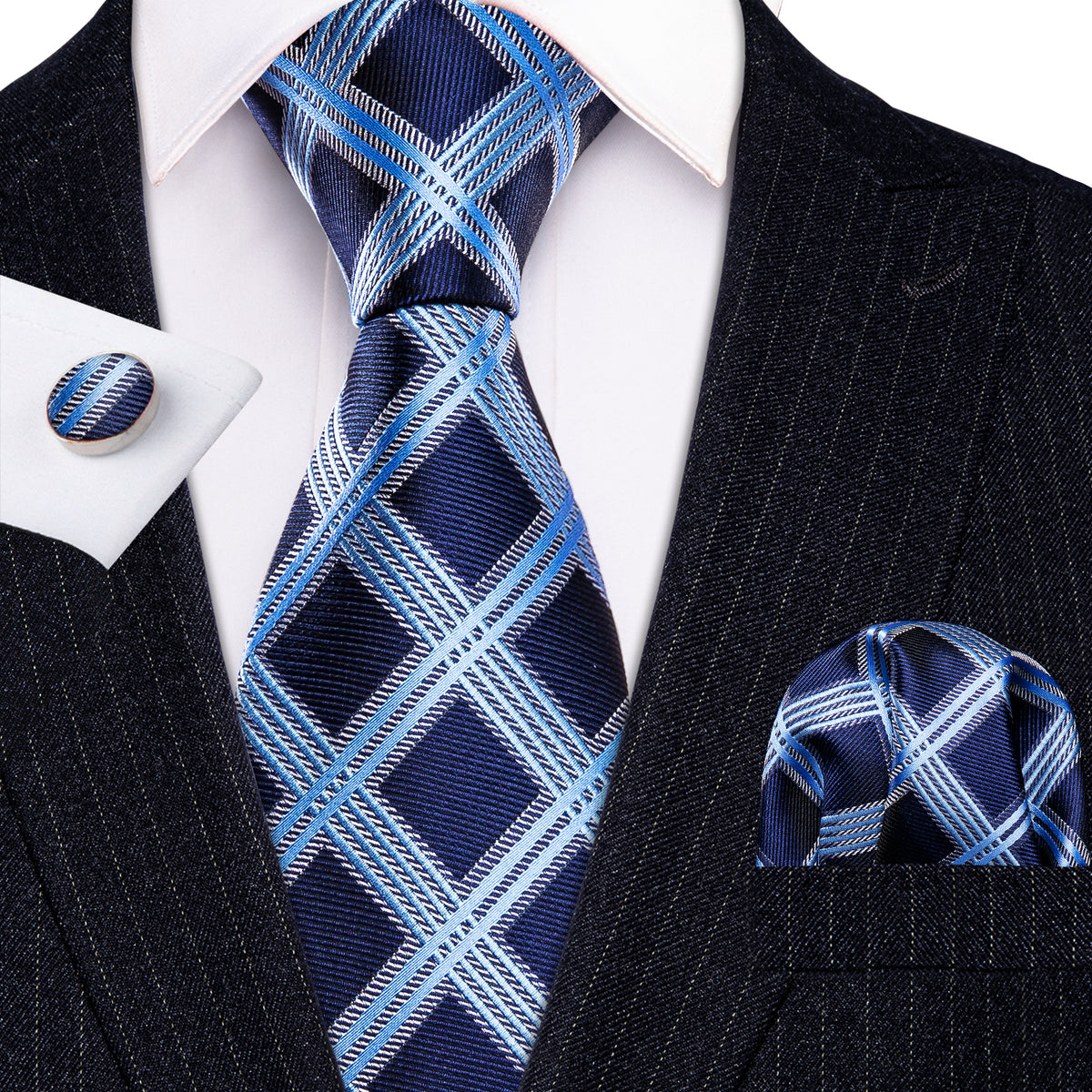Dark Blue Sky Blue Checkered Tie, Pocket Square and Cufflinks Set tie sets - Sophisticated Gentlemen