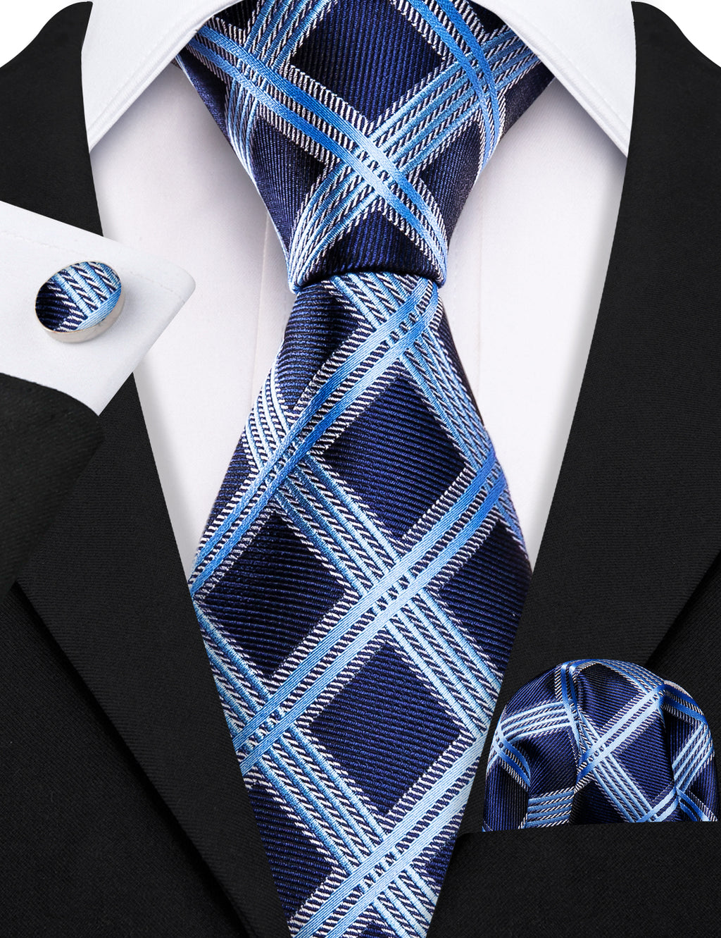 Dark Blue Sky Blue Checkered Tie, Pocket Square and Cufflinks Set tie sets - Sophisticated Gentlemen