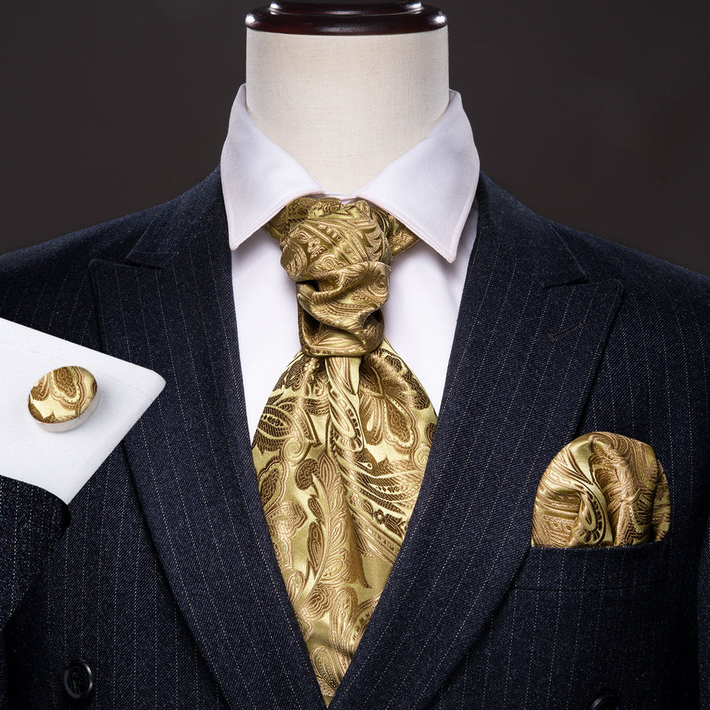 Gold Brown Paisley Floral Ascot, Pocket Square and Cufflinks ascot - Sophisticated Gentlemen