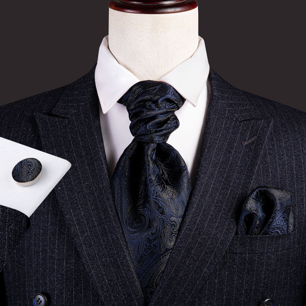 Black and Deep Blue Paisley Ascot, Pocket Square and Cufflinks ascot - Sophisticated Gentlemen