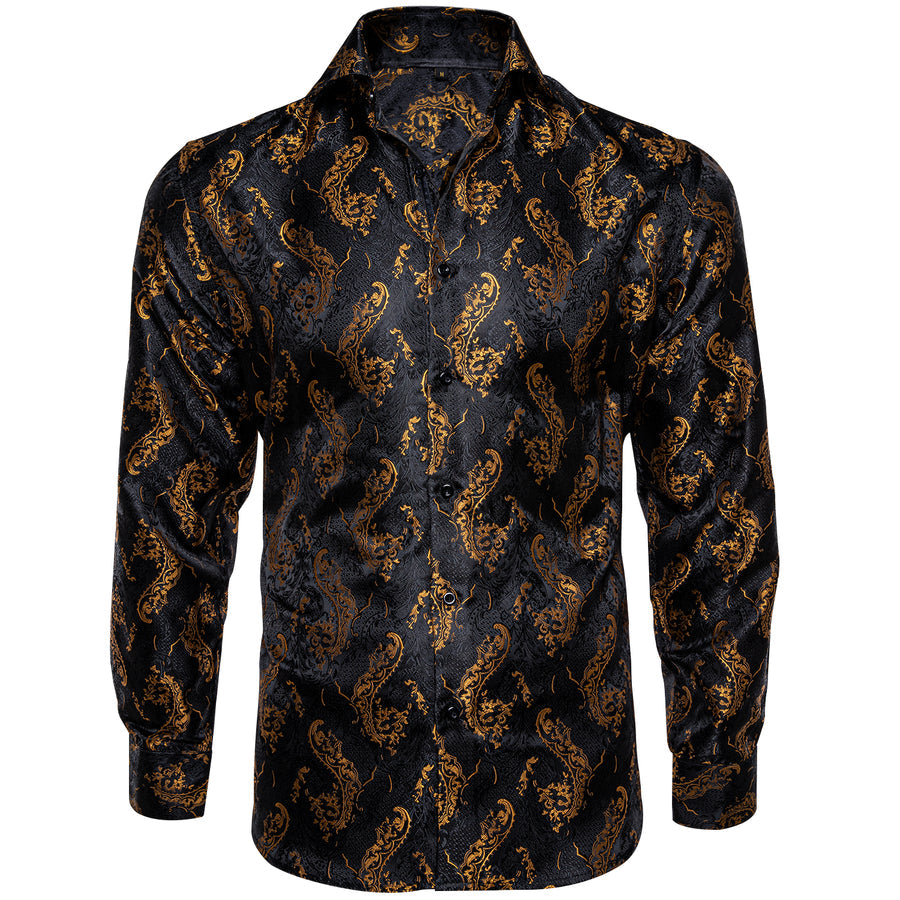 Black and Gold Floral Silk Dress Shirt shirt S - Sophisticated Gentlemen