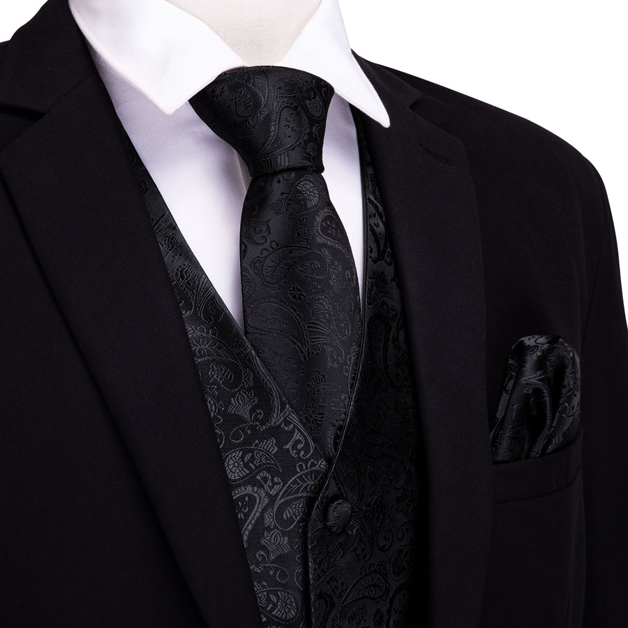Ebony Black Paisley Luxe Silk Vest Set vest set S (Chest 40") - Sophisticated Gentlemen