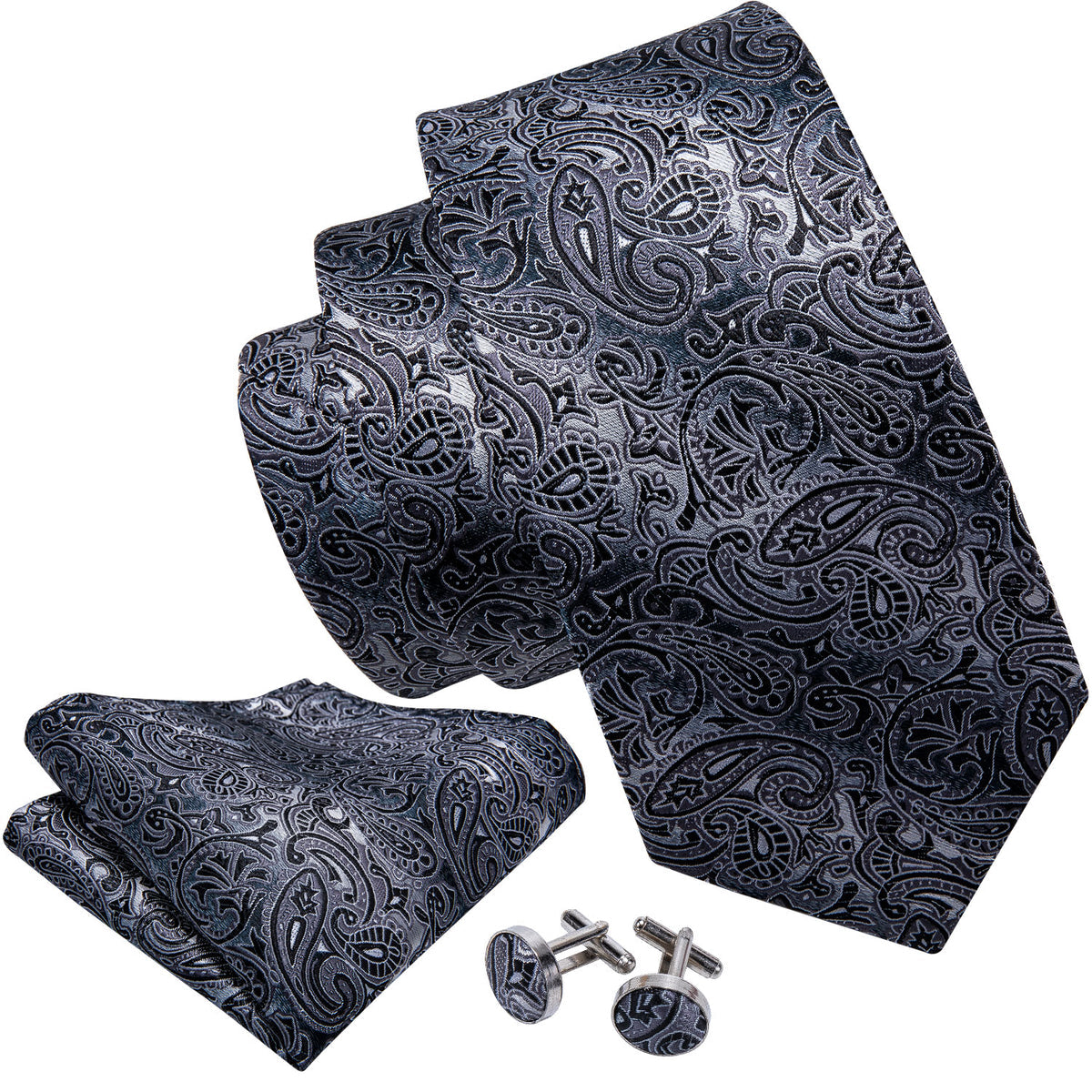 Black Gray Paisley Silk Tie, Pocket Square and Cufflinks Set tie sets - Sophisticated Gentlemen