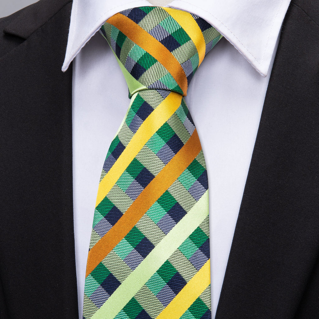 Mint Green Yellow Orange Plaid Tie, Pocket Square and Cufflinks Set tie sets - Sophisticated Gentlemen