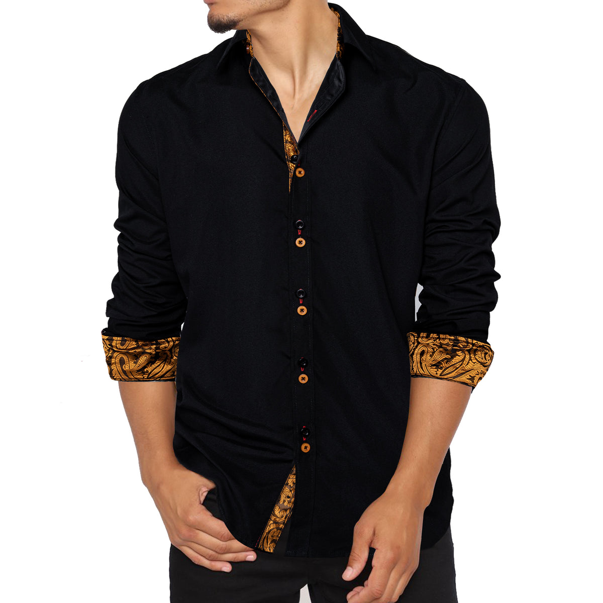 Black Shirt With Gold Paisley Accent shirt - Sophisticated Gentlemen