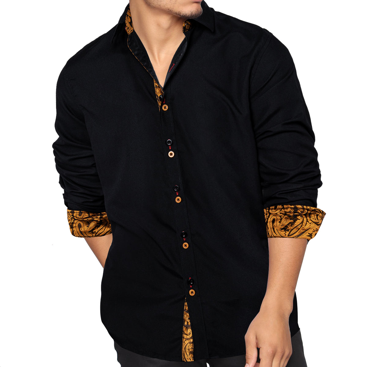 Black Shirt With Gold Paisley Accent shirt - Sophisticated Gentlemen