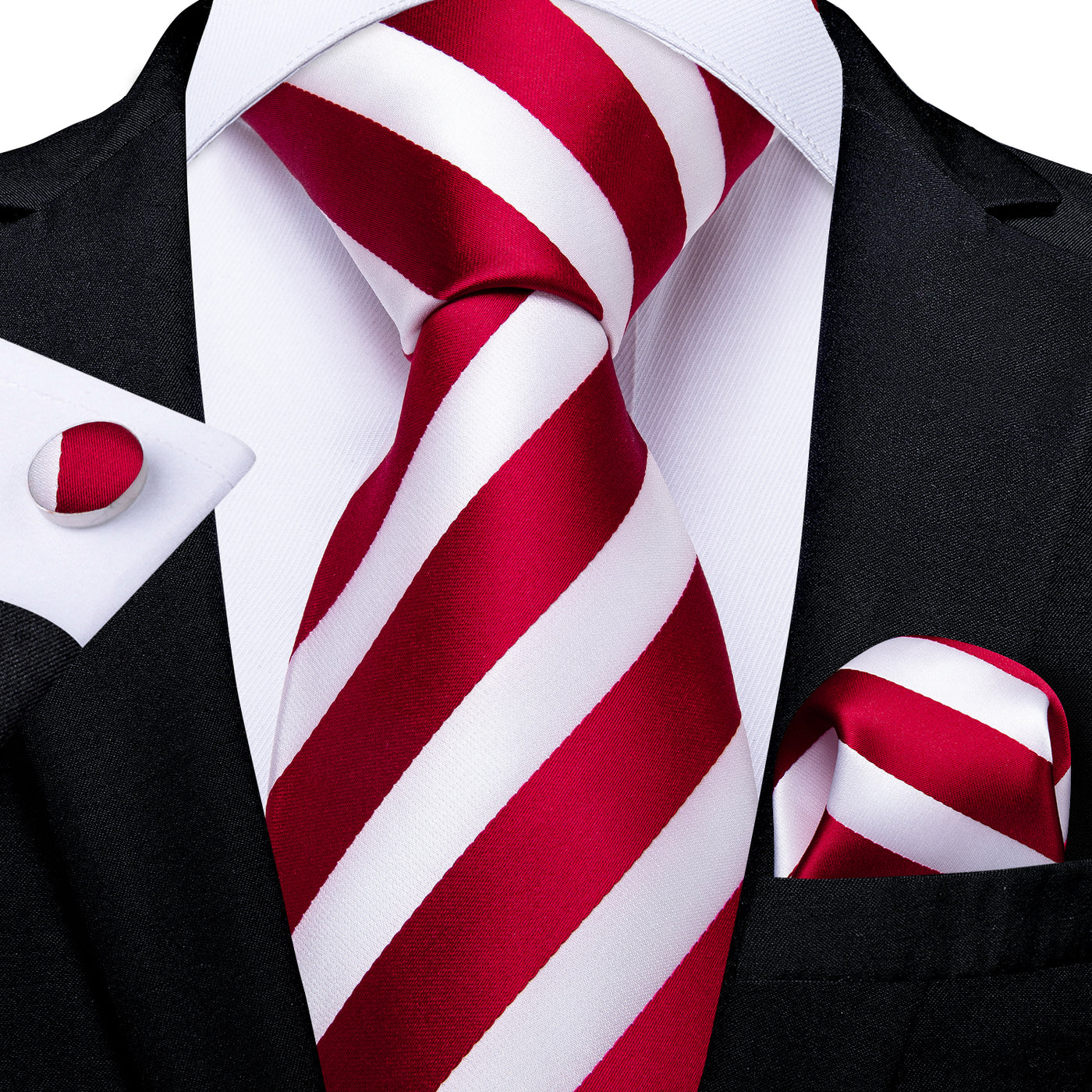 Red & White Striped Silk Tie, Pocket Square & Cufflinks Set tie sets - Sophisticated Gentlemen