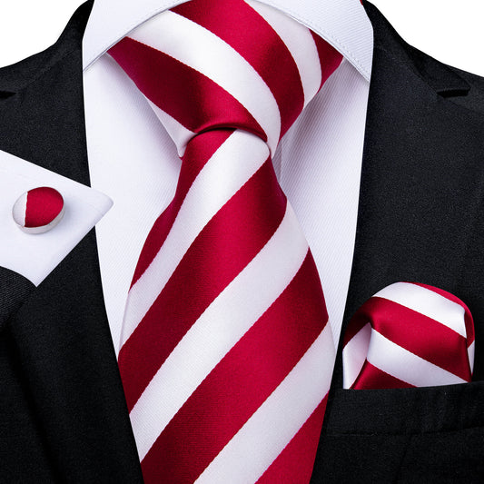 Red & White Striped Silk Tie, Pocket Square & Cufflinks Set tie sets - Sophisticated Gentlemen