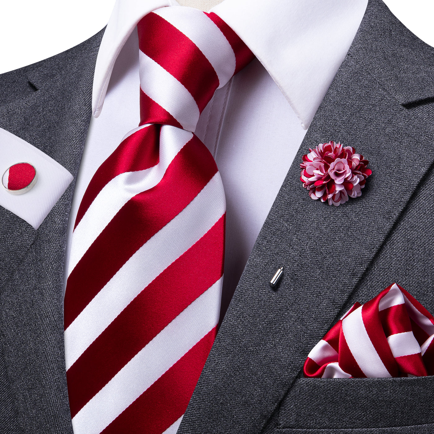 Red & White Striped Silk Tie, Pocket Square & Cufflinks Set tie sets - Sophisticated Gentlemen