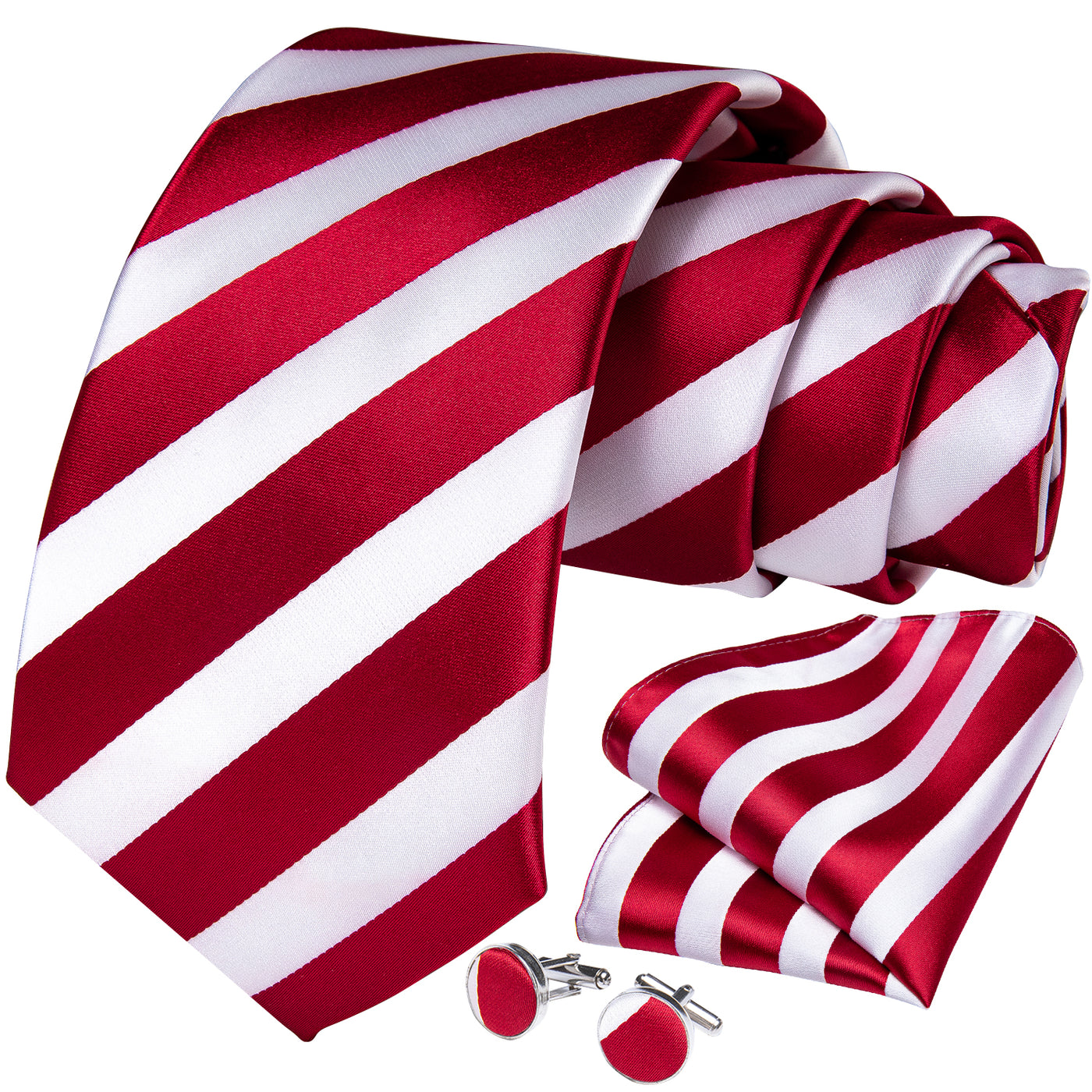 Red & White Striped Silk Tie, Pocket Square & Cufflinks Set tie sets - Sophisticated Gentlemen