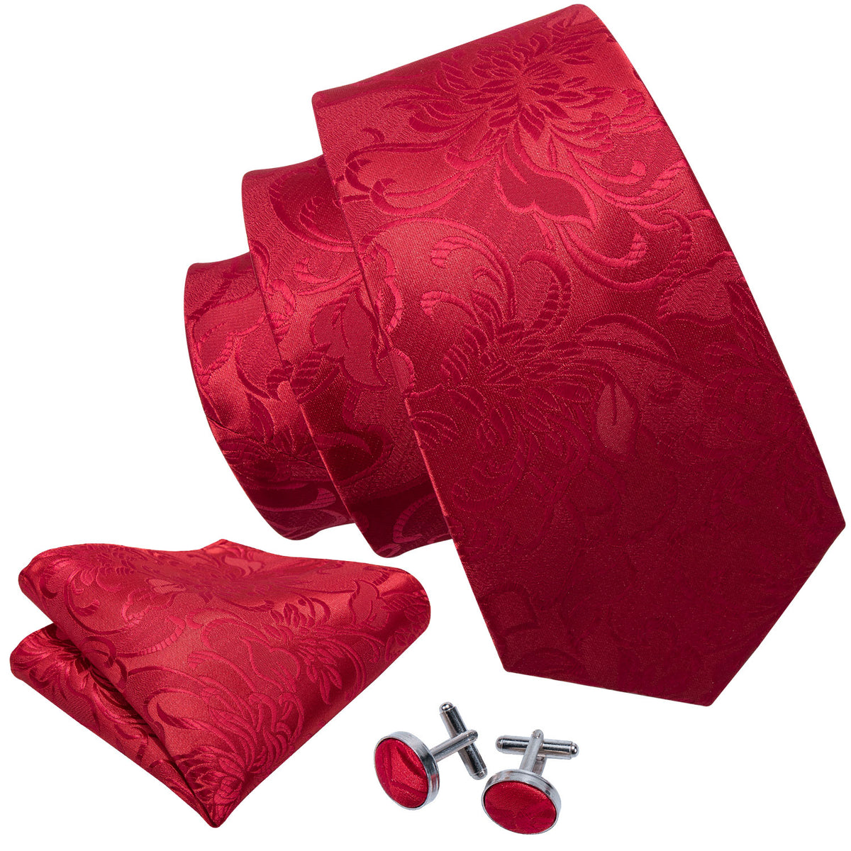 Wedding Red Floral Tie, Pocket Square and Cufflinks Set tie sets - Sophisticated Gentlemen