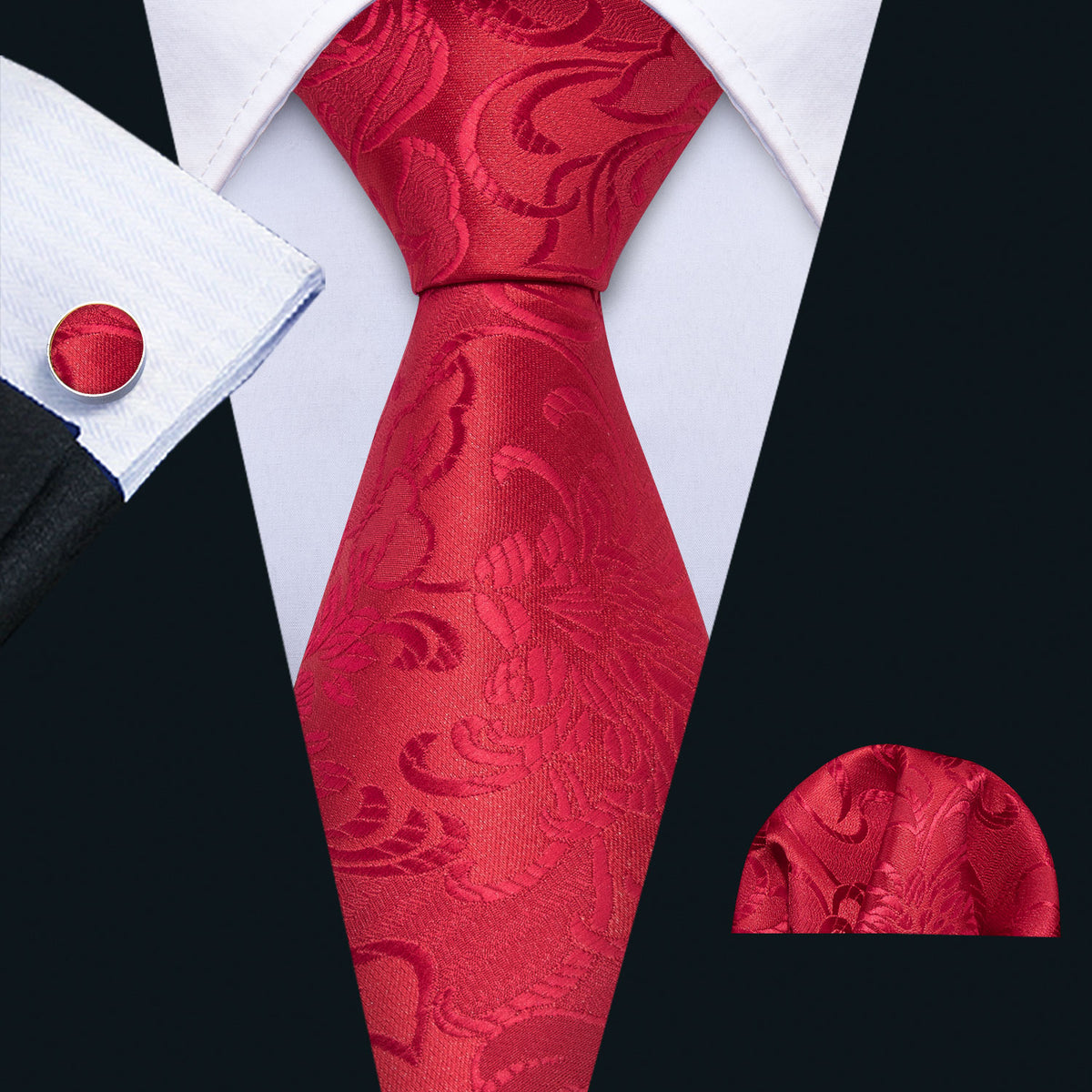 Wedding Red Floral Tie, Pocket Square and Cufflinks Set tie sets - Sophisticated Gentlemen