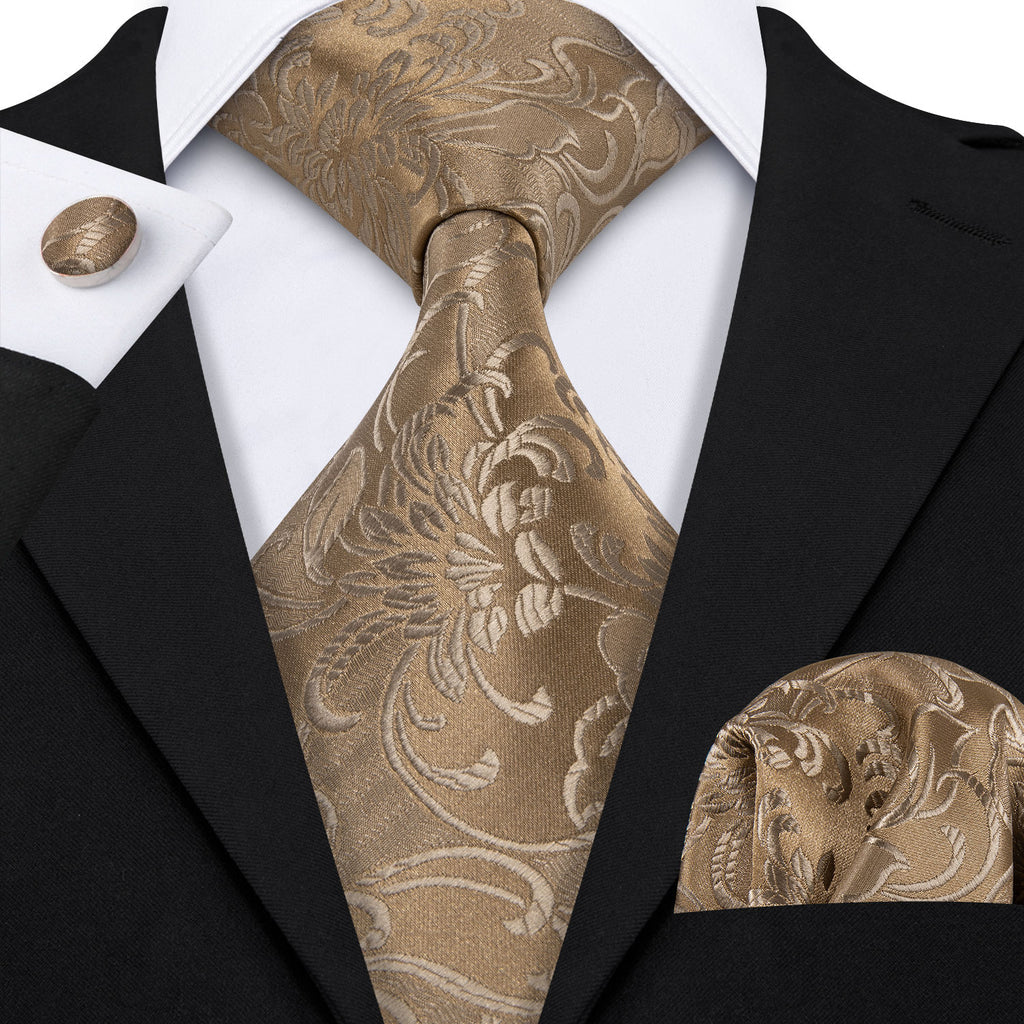 Champagne Gold Floral Silk Tie, Pocket Square & Cufflinks Set tie sets - Sophisticated Gentlemen