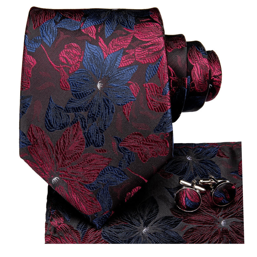 Black, Blue and Red Floral XL Tie, Pocket Square and Cufflinks tie sets - Sophisticated Gentlemen