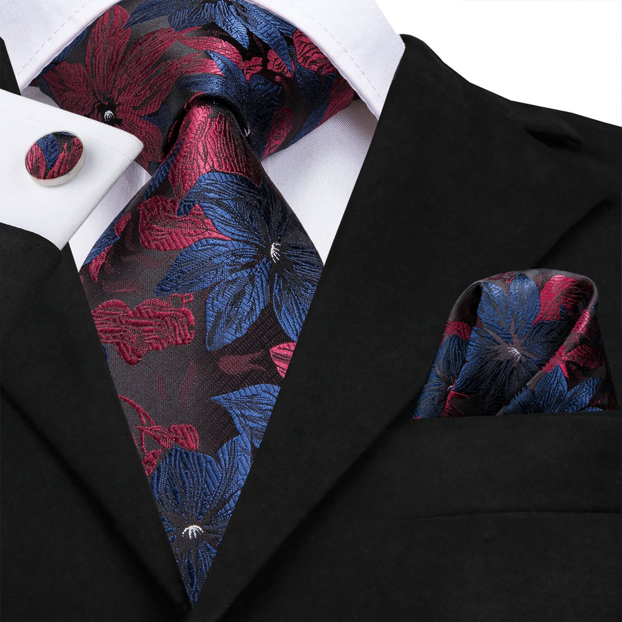 Black, Blue and Red Floral XL Tie, Pocket Square and Cufflinks tie sets - Sophisticated Gentlemen