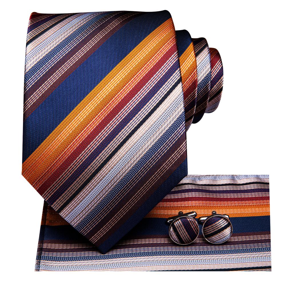 Navy, Copper & Burgundy Diagonal Striped Silk Tie, Pocket Square & Cufflinks Set