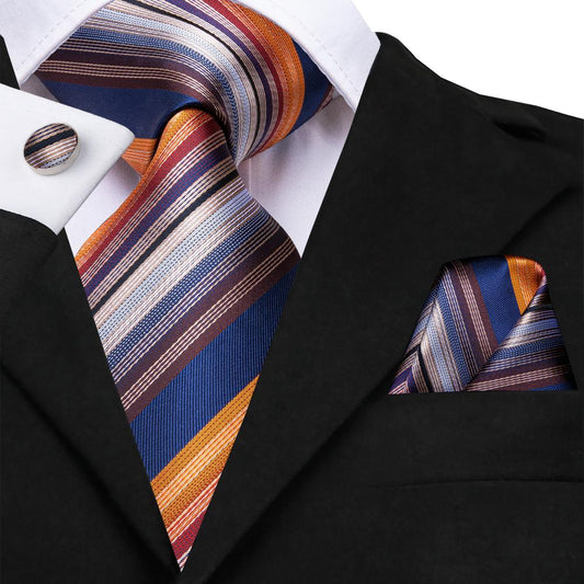 Navy, Copper & Burgundy Diagonal Striped Silk Tie, Pocket Square & Cufflinks Set