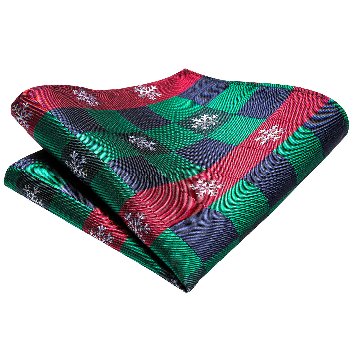 Green & Red Check Tie with Snowflake Motif, Pocket Square & Cufflinks Set