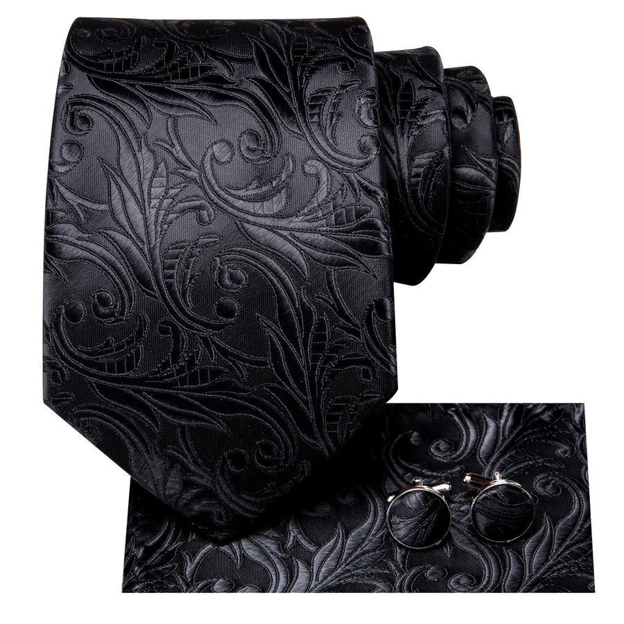 Black Floral XL Tie, Pocket Square and Cufflinks tie sets - Sophisticated Gentlemen