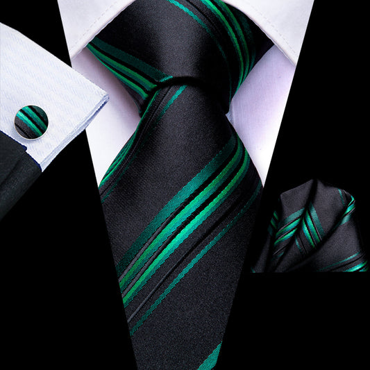 Black & Emerald Green Striped Silk Tie, Pocket Square & Cufflinks Set