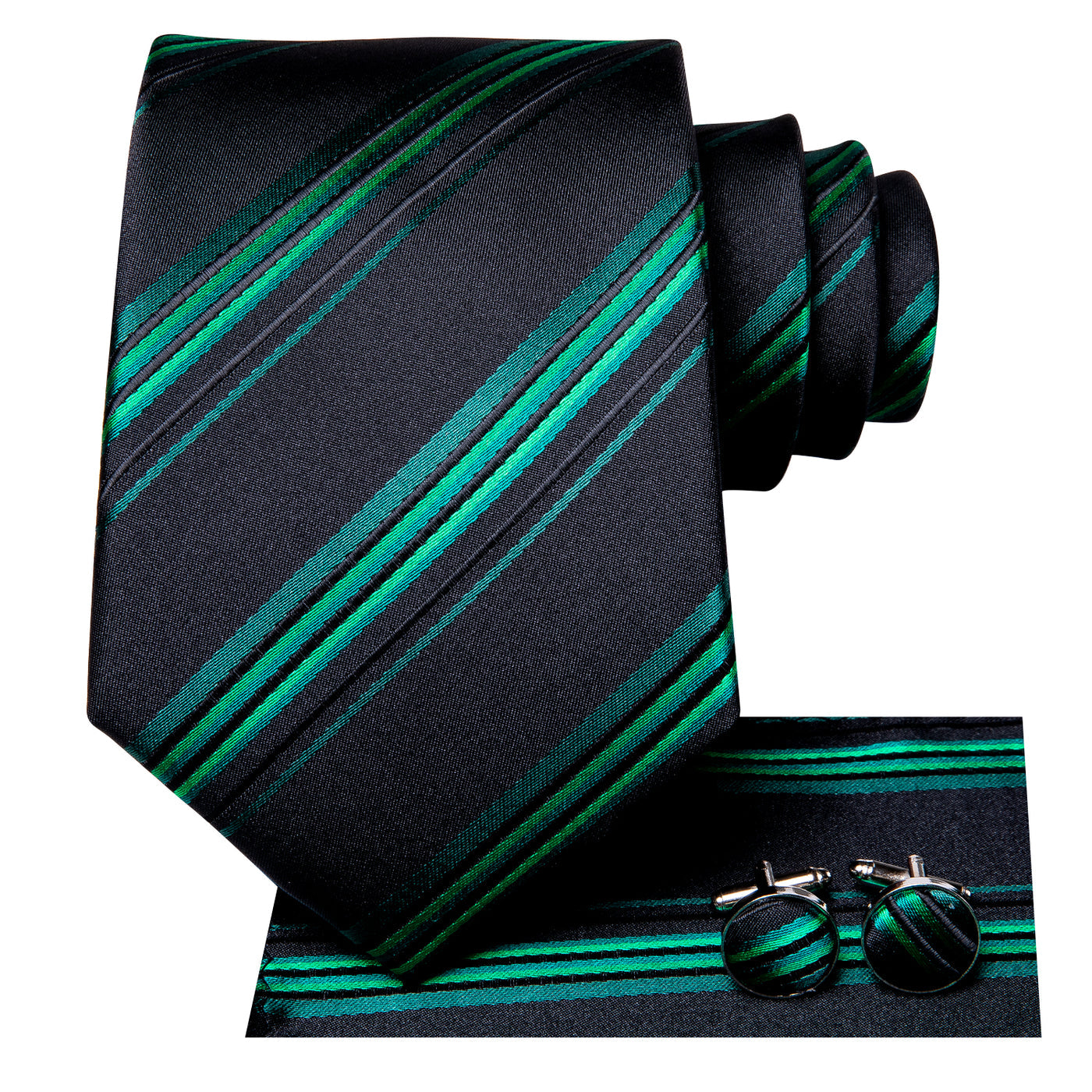 Black & Emerald Green Striped Silk Tie, Pocket Square & Cufflinks Set