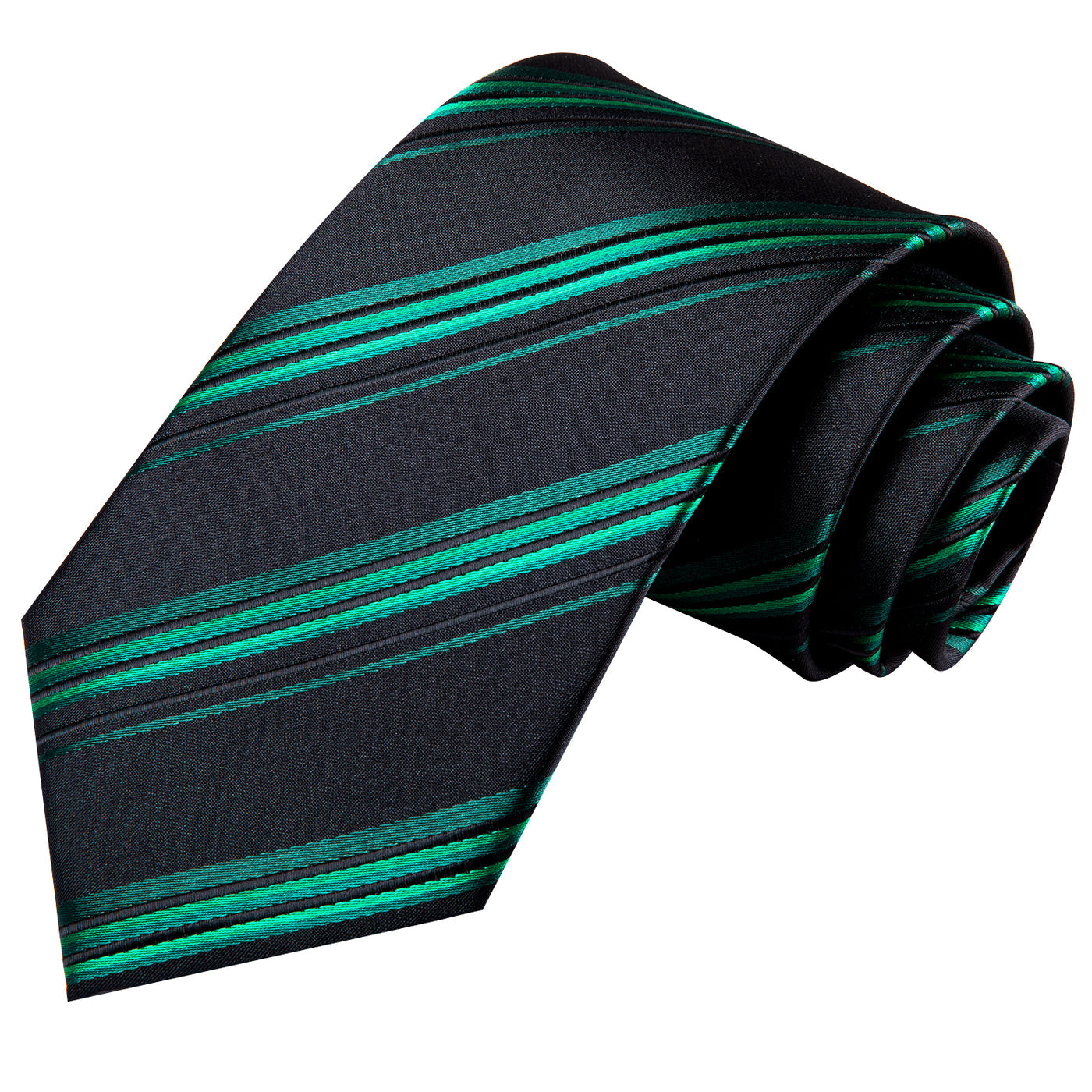 Black & Emerald Green Striped Silk Tie, Pocket Square & Cufflinks Set