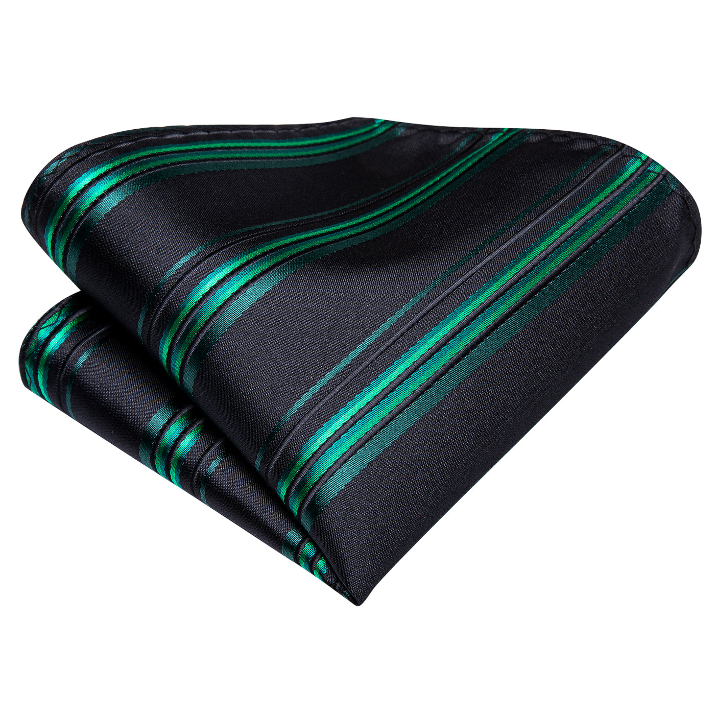Black & Emerald Green Striped Silk Tie, Pocket Square & Cufflinks Set
