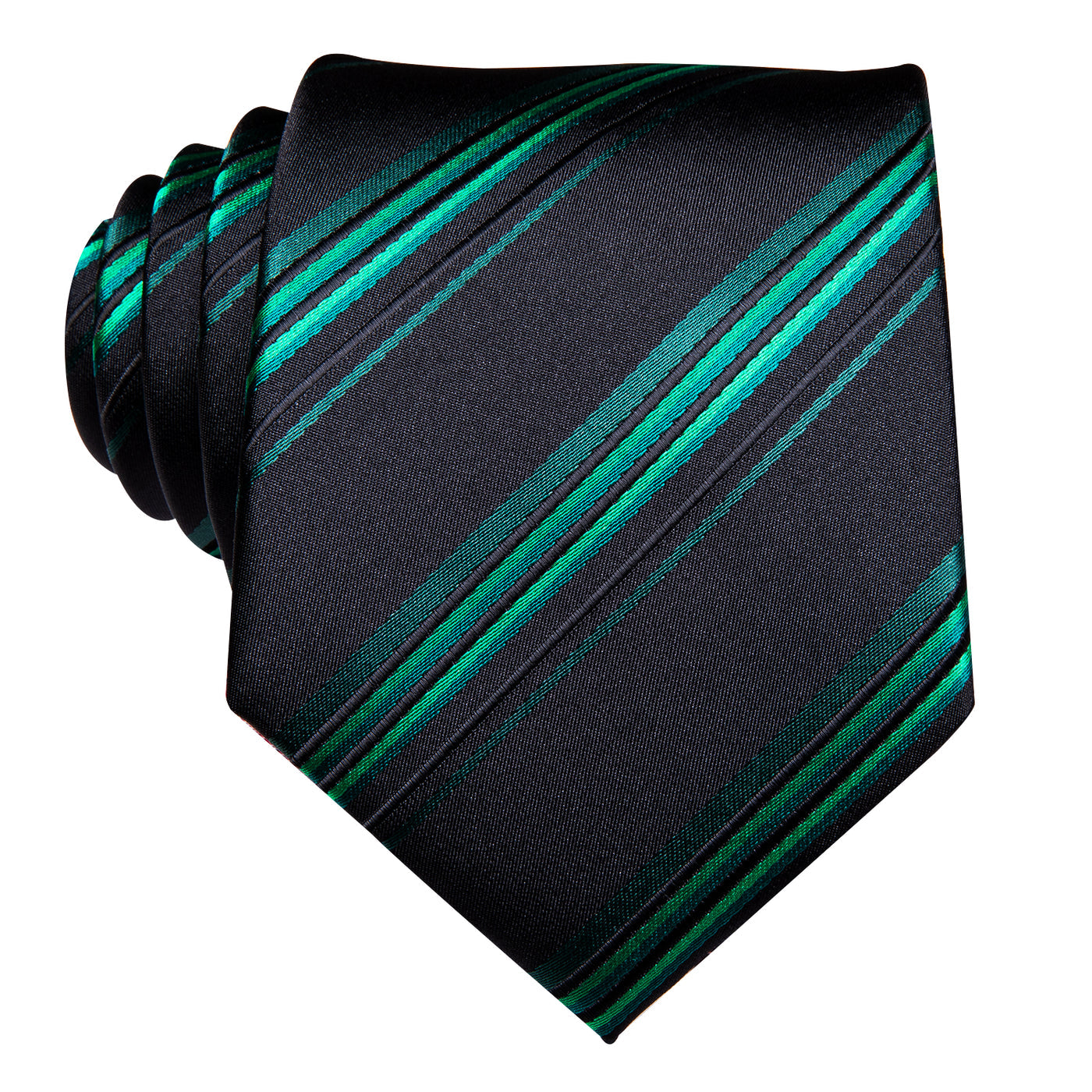 Black & Emerald Green Striped Silk Tie, Pocket Square & Cufflinks Set