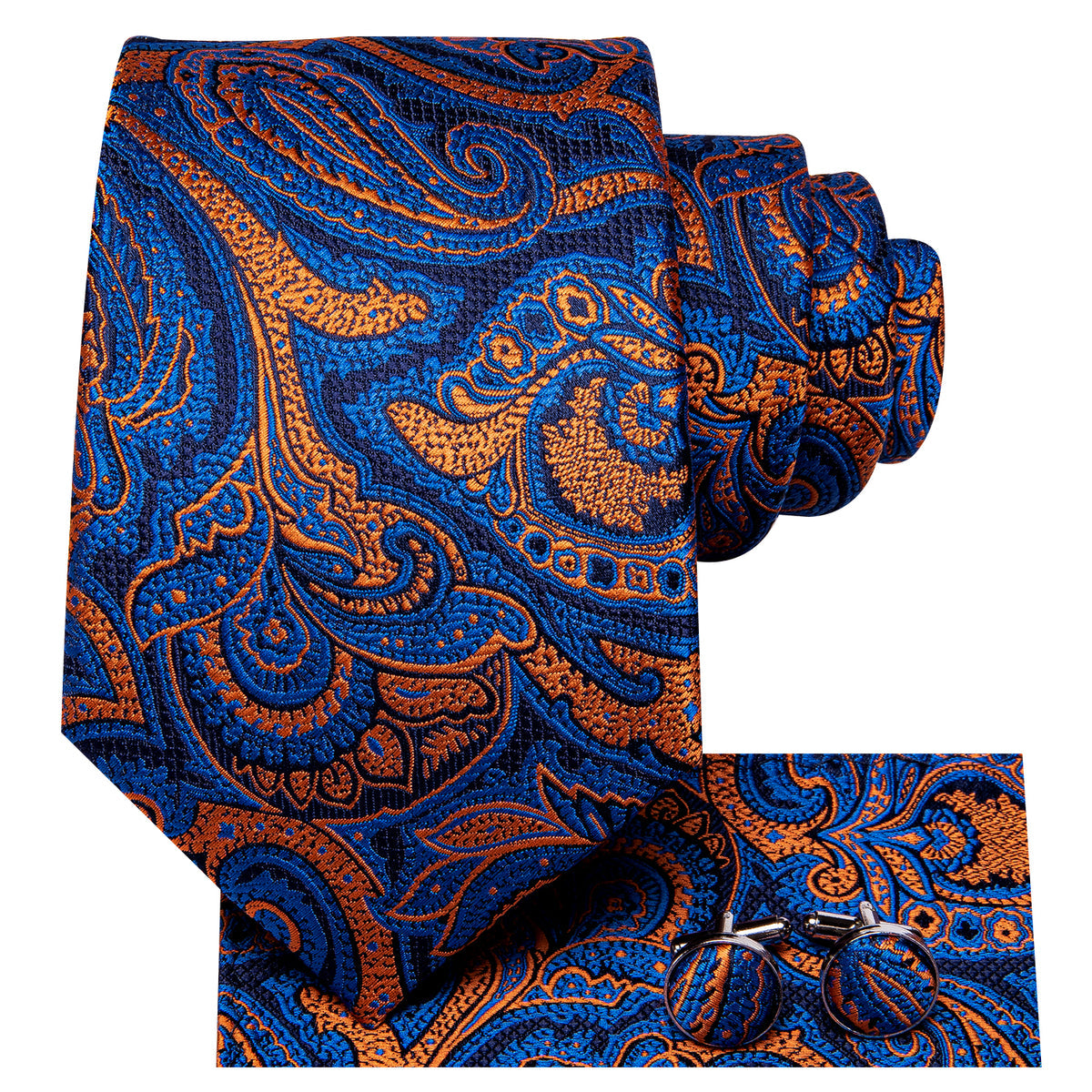 Blue and Orange Paisley Silk Tie, Pocket Square and Cufflinks tie sets    - Sophisticated Gentlemen