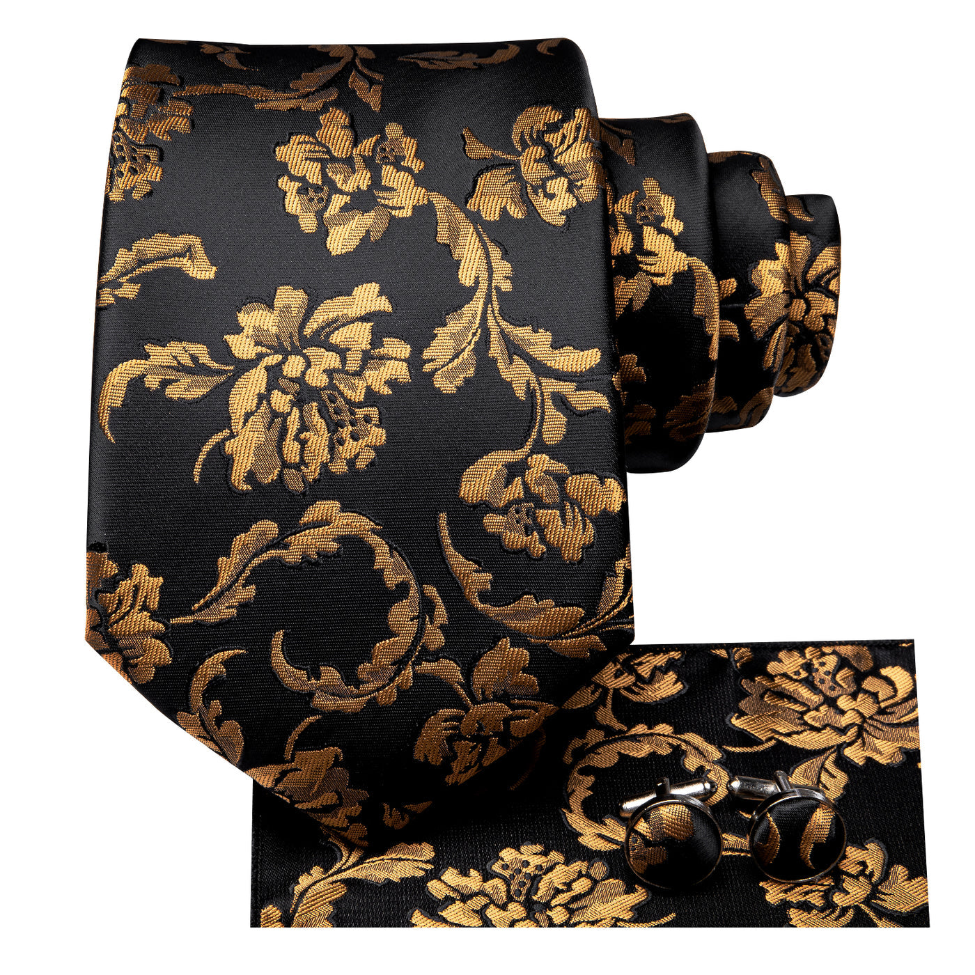 Black & Gold Floral Silk Tie, Pocket Square & Cufflinks Set tie sets - Sophisticated Gentlemen