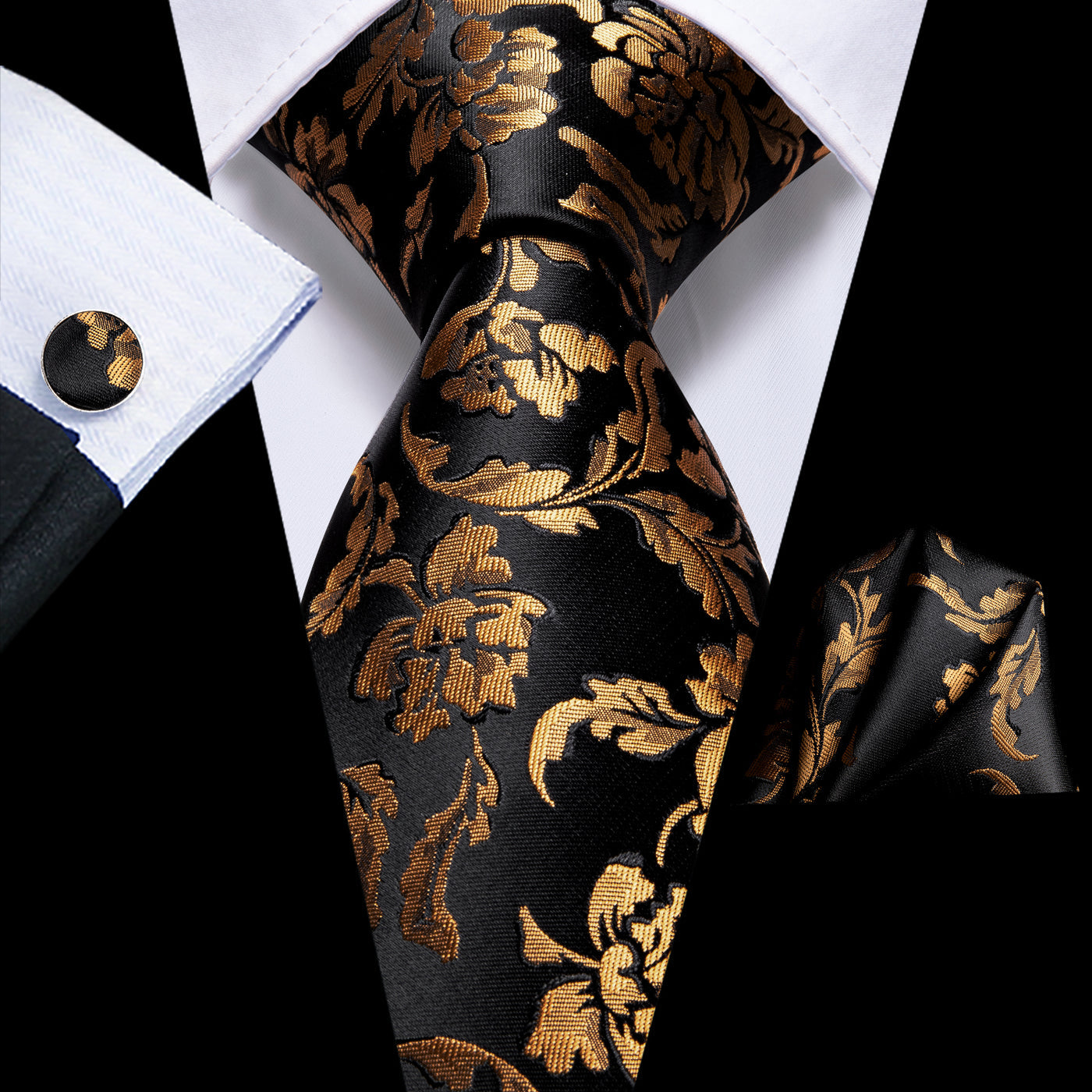 Black & Gold Floral Silk Tie, Pocket Square & Cufflinks Set tie sets - Sophisticated Gentlemen