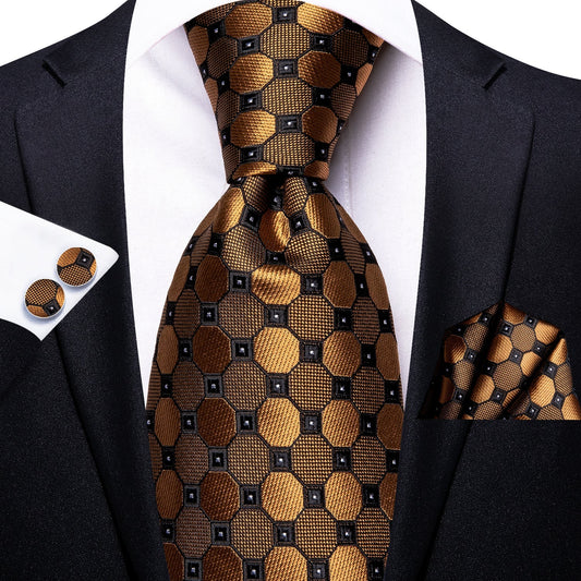 Golden Plaid Silk Tie, Pocket Square and Cufflinks tie sets Default Title - Sophisticated Gentlemen
