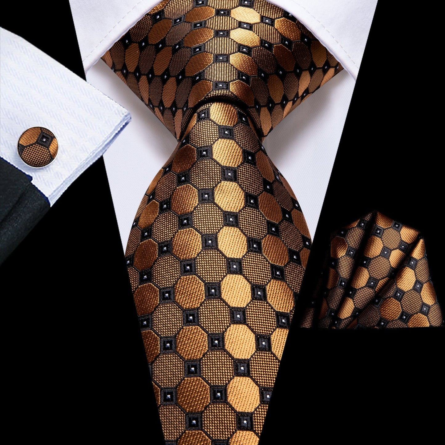 Golden Plaid Silk Tie, Pocket Square and Cufflinks tie sets - Sophisticated Gentlemen