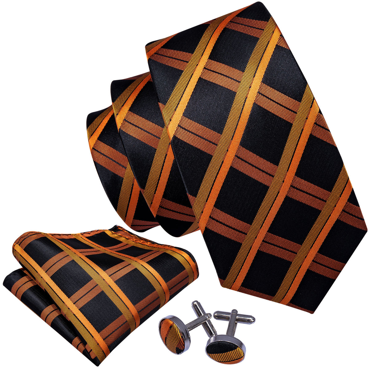 Orange and Black Plaid Tie, Pocket Square and Cufflinks Set tie sets - Sophisticated Gentlemen