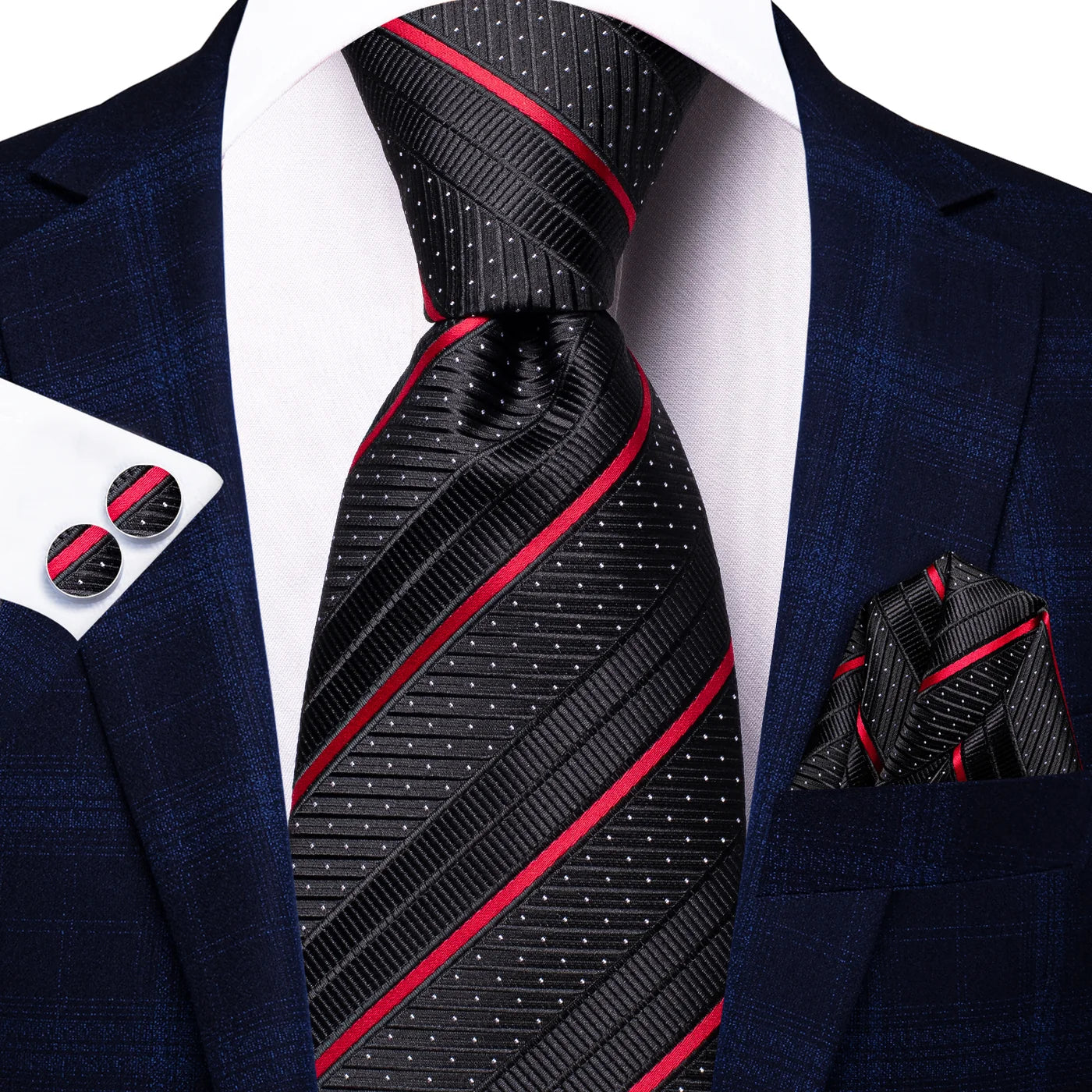 Black & Red Striped Tie, Pocket Square & Cufflinks Set tie sets - Sophisticated Gentlemen