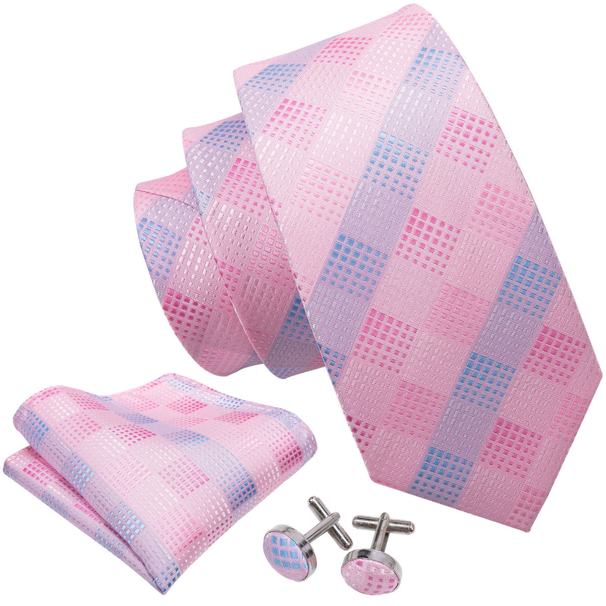 Pink Plaid Silk Men's Tie, Pocket Square and Cufflinks Set tie sets - Sophisticated Gentlemen