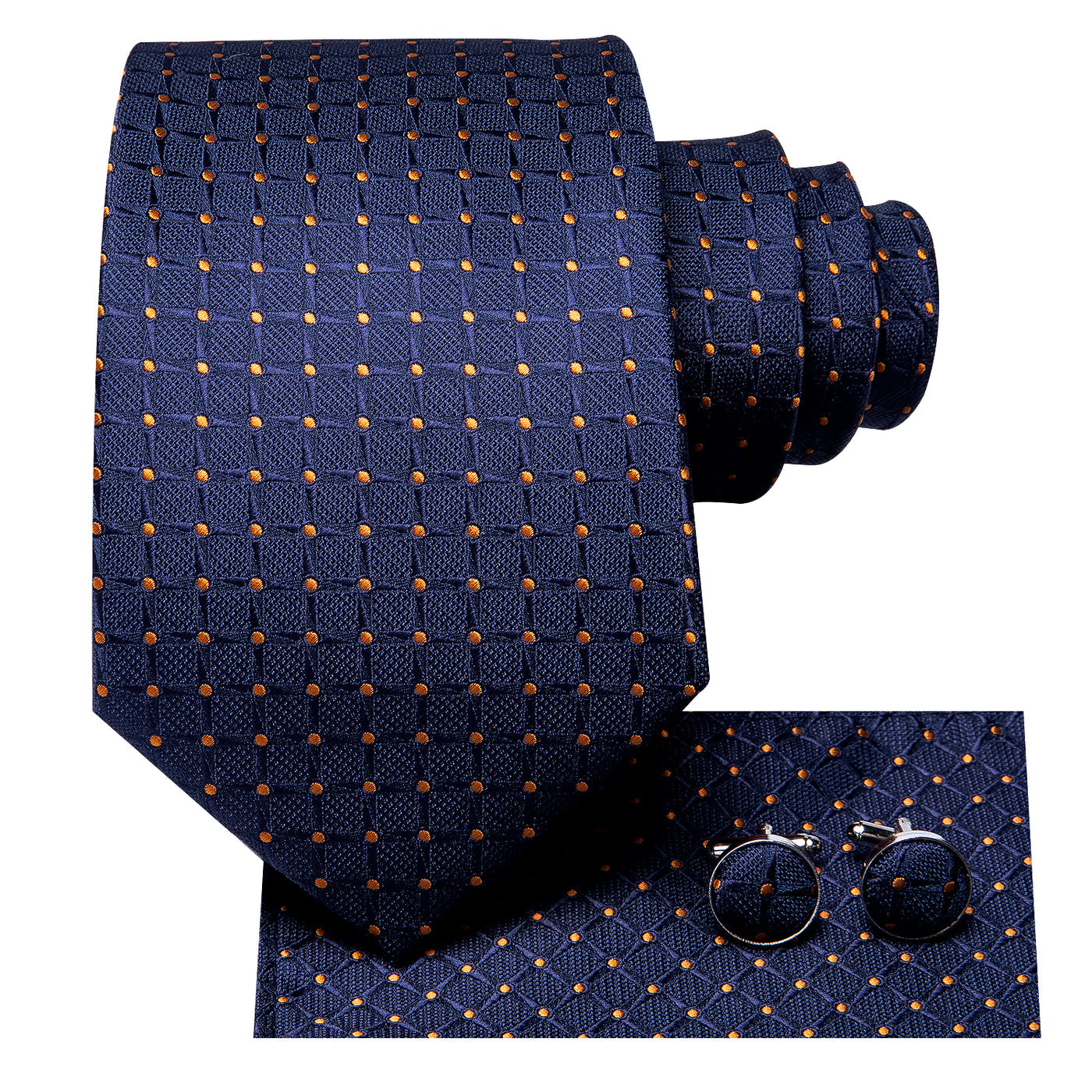 Navy & Gold Grid Pattern Silk Tie, Pocket Square & Cufflinks Set tie sets - Sophisticated Gentlemen