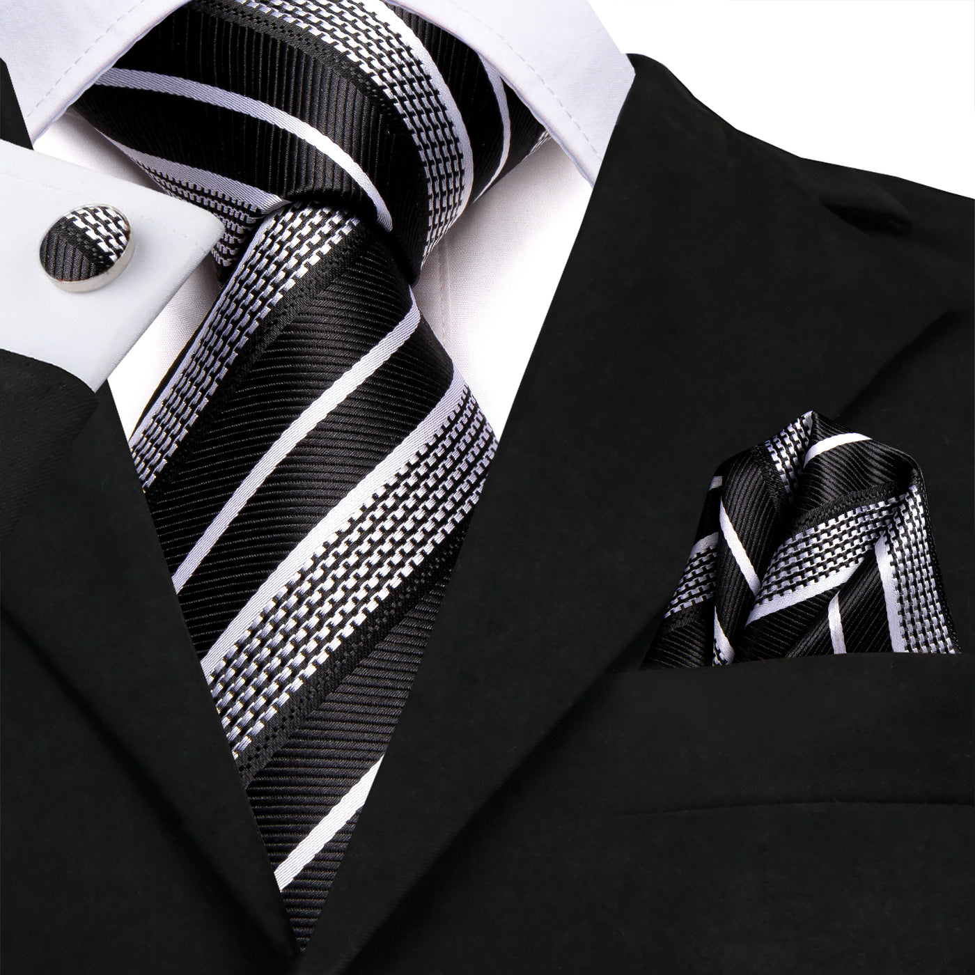 black dress shirt with silver tie Performance Stretch Wedding Suit Approved. Silver Tie Mens Black And