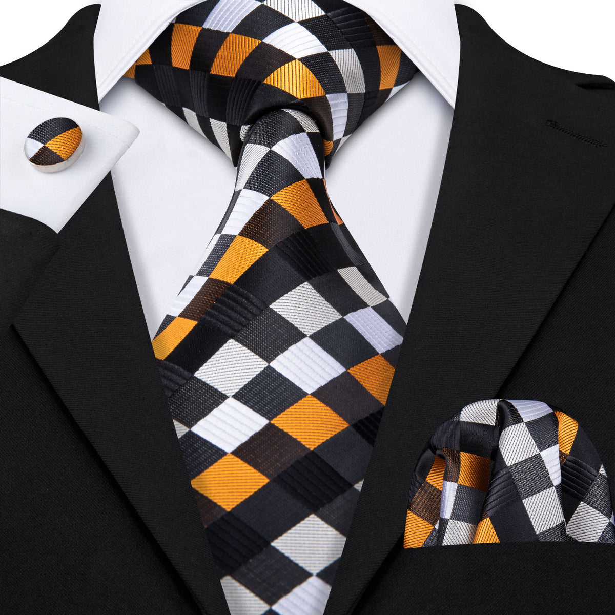 Orange, Black and White Plaid Silk Tie, Pocket Square and Cufflinks Set tie sets - Sophisticated Gentlemen