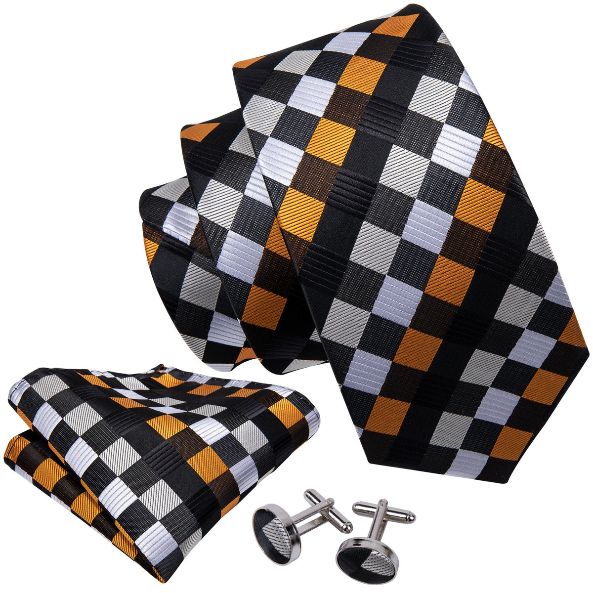 Orange, Black and White Plaid Silk Tie, Pocket Square and Cufflinks Set tie sets - Sophisticated Gentlemen