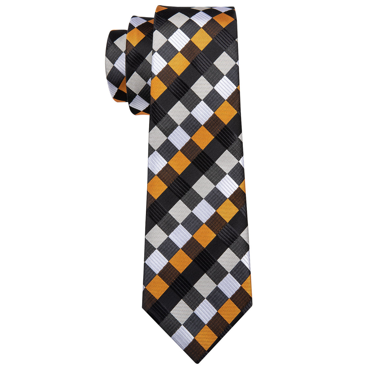 Orange, Black and White Plaid Silk Tie, Pocket Square and Cufflinks Set tie sets - Sophisticated Gentlemen