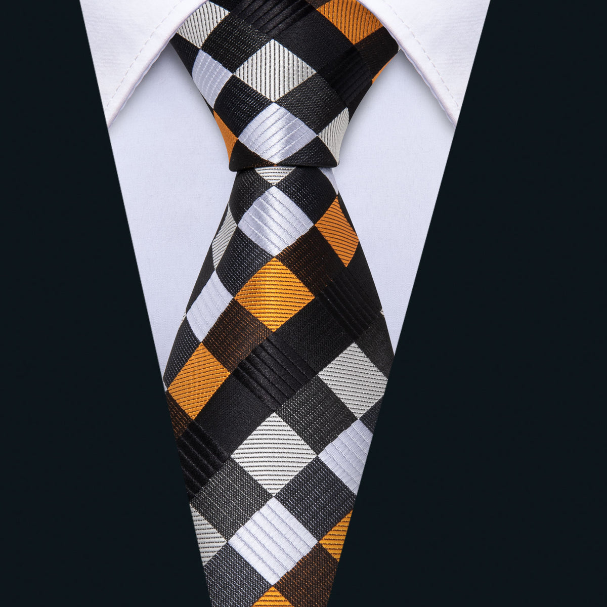 Orange, Black and White Plaid Silk Tie, Pocket Square and Cufflinks Set tie sets - Sophisticated Gentlemen