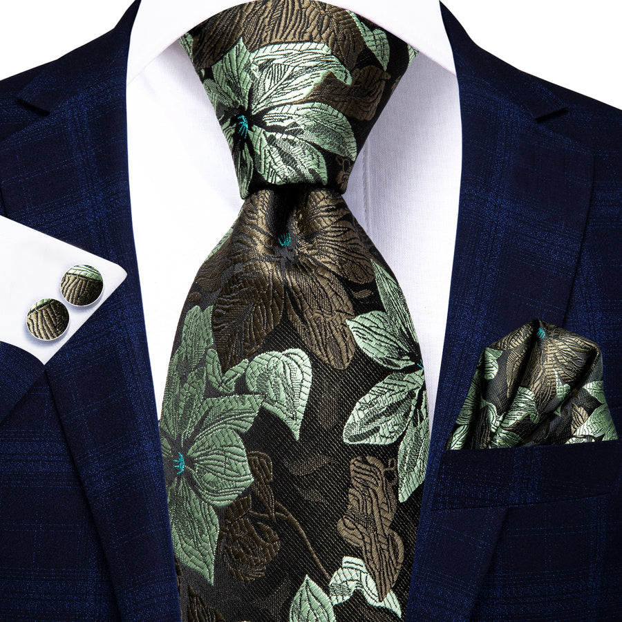 Coffee Brown and Sage Green Floral XL Tie, Pocket Square and Cufflinks tie sets - Sophisticated Gentlemen